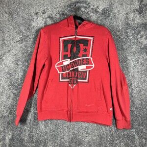 DC Shoes Hoodie Mens M Red Full Zip Hooded Lined Graphic Print Fleece Logo
